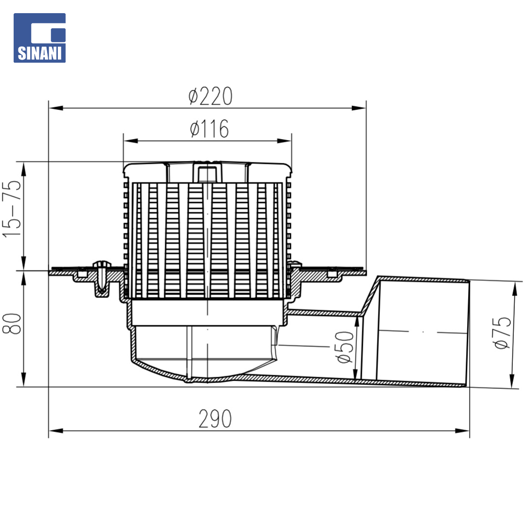 Piletë dyshemeje horizontale Ø50/75 me fllanxhë dhe grilë inoksi Sun