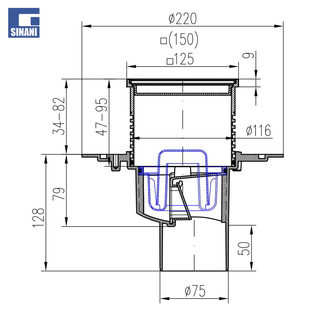 Piletë dyshemeje vertikale Ø75 me fllanxhë dhe grilë inoksi Sun