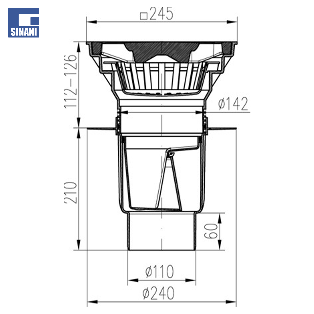 Piletë rruge Ø110 V me grilë Metalike 250x250 me vida, fllanxhë dhe klapet
