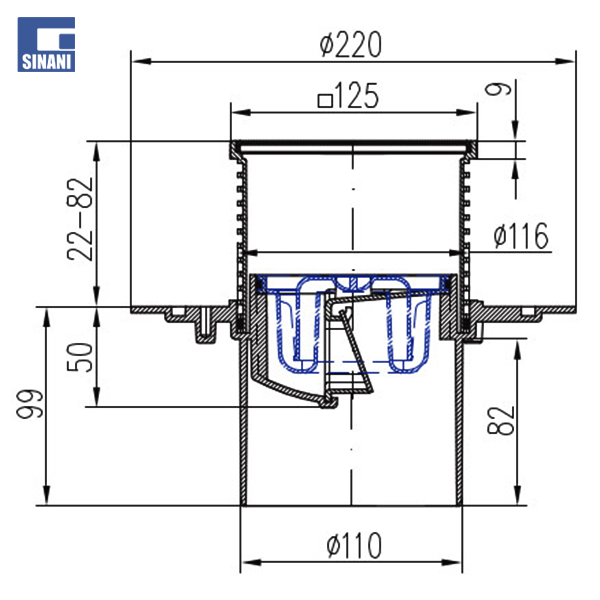 Piletë dyshemeje vertikale Ø110 me fllanxhë dhe grilë inoksi Sun
