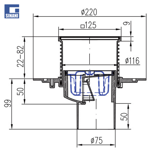 Piletë dyshemeje vertikale Ø75 me grilë inoksi Sun
