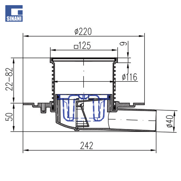 Piletë dyshemeje horizontale Ø40 me grilë inoksi Sun