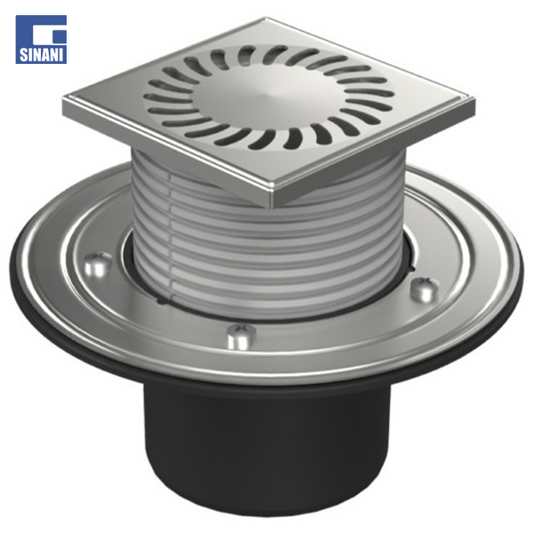 Piletë dyshemeje vertikale Ø110 me fllanxhë dhe grilë inoksi Sun