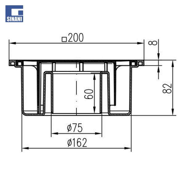 Piletë dyshemeje vertikale Ø75, 200x200 mm