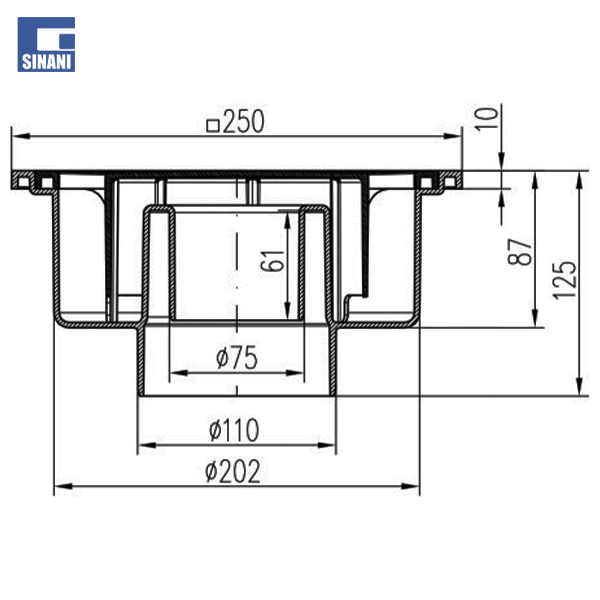 Piletë dyshemeje vertikale D 75/110, 250x250 mm