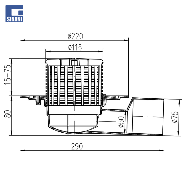 Piletë tarrace me dalje anësore D50/75 me kosh plastik