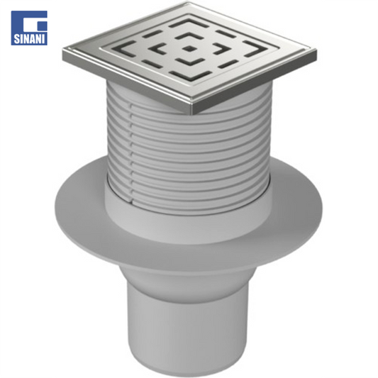 Piletë dyshemeje vertikale Ø75 me grilë inoksi Labyrinth dhe fllanxhe plastike