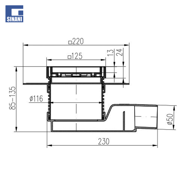 Piletë dyshemeje e ulët me sifon, kornizë inoksi dhe grilë Ceramics