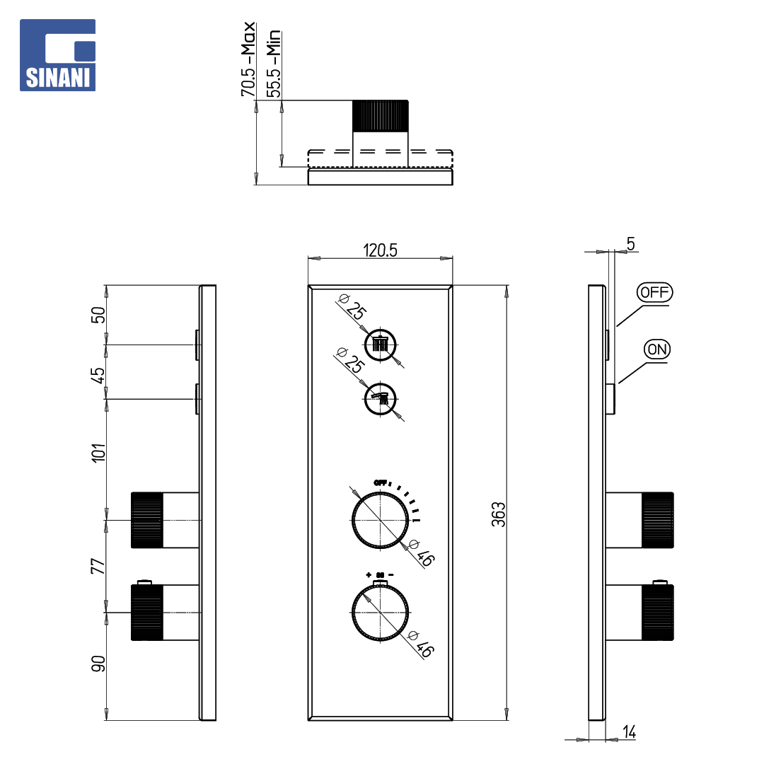 Grup dushi inkaso termostatik Stone Platin Satin vertikal me piastër me 2 dalje Lineabox