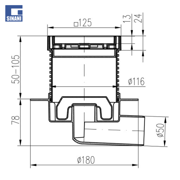 Piletë dyshemeje horizontale Neptun me kornizë inoksi me rrjetë Ceramics