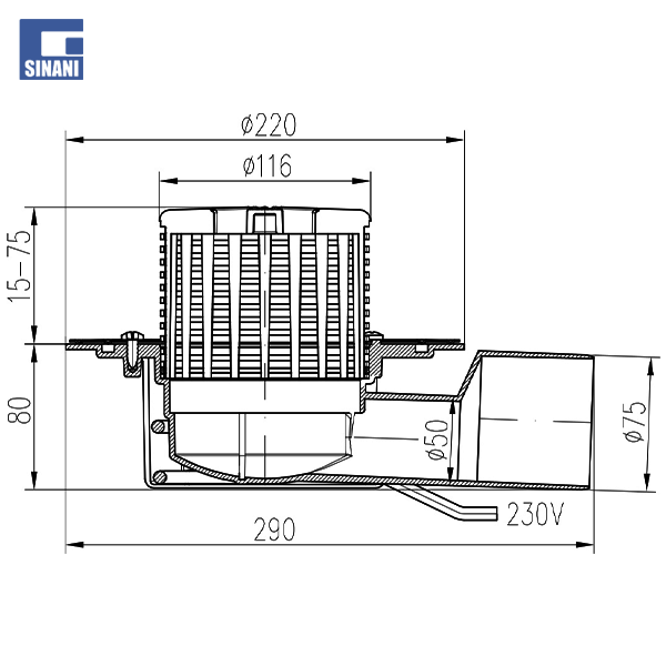 Piletë tarrace me rezistencë ngrohje 10W me dalje anesore D50/75 me fllanxhë inoksi dhe kosh plastik