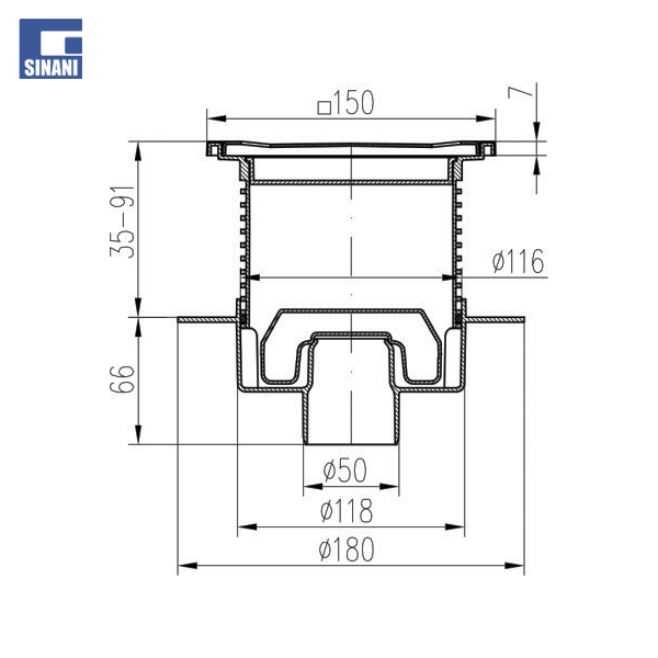 Piletë dyshemeje vertikale Ø50 Neptun me grilë inoksi Sun