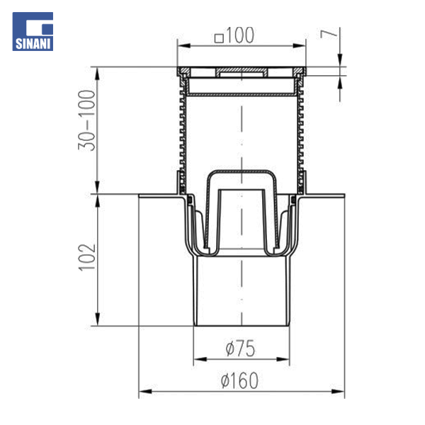 Piletë dyshemeje vertikale Ø75 me grilë inoksi Labyrinth dhe fllanxhe plastike