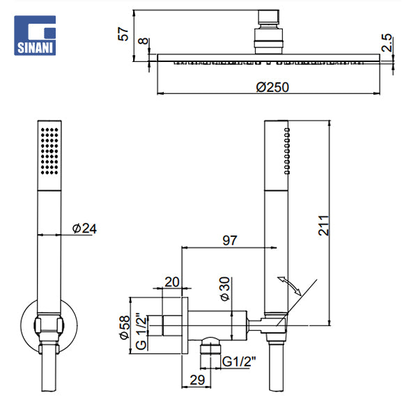 Komplet, koke dushi Ø250 me krah, mbajtese, zorre dhe koke P4