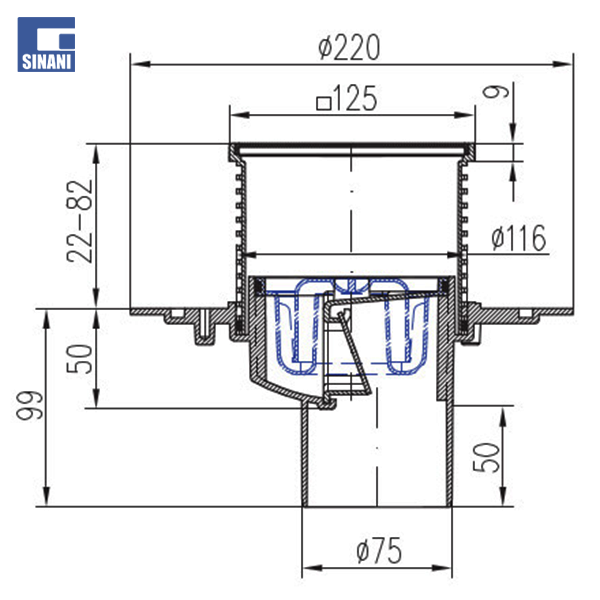 Piletë dyshemeje vertikale Ø75 me grilë Gate të zezë dhe fllanxhë inoksi