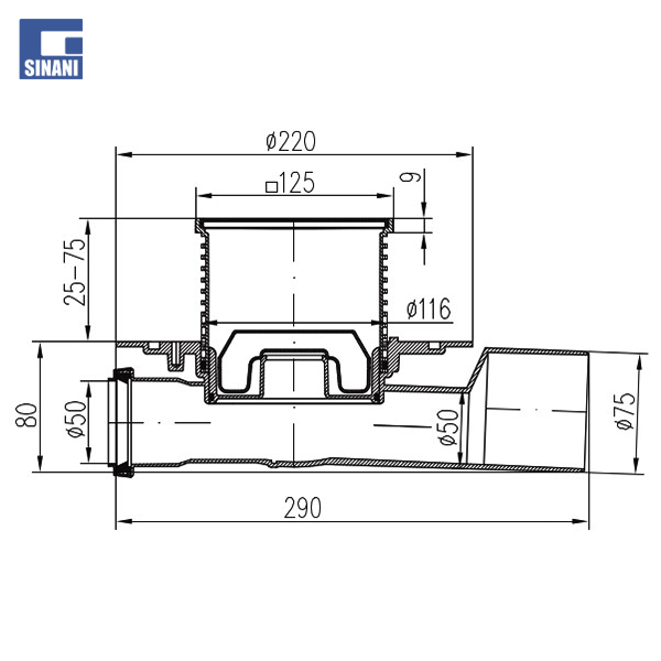 Piletë dyshemeje horizontale Neptun me grilë inoksi Labyrinth e zezë
