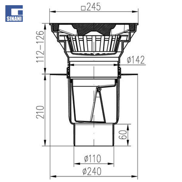 Piletë rruge Ø110 vertikale me grilë gize 250x250, me fllanxhë dhe klapet