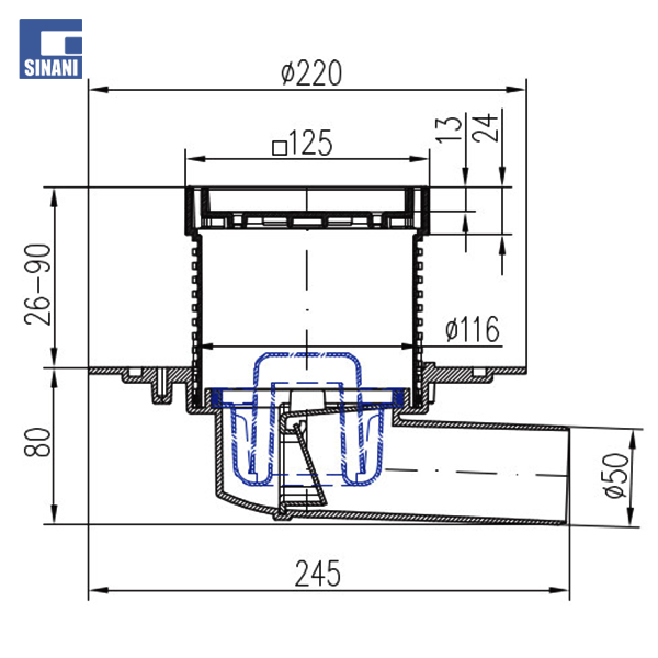 Piletë dyshemeje horizontale Ø50 me kornizë inoksi dhe grilë Ceramics