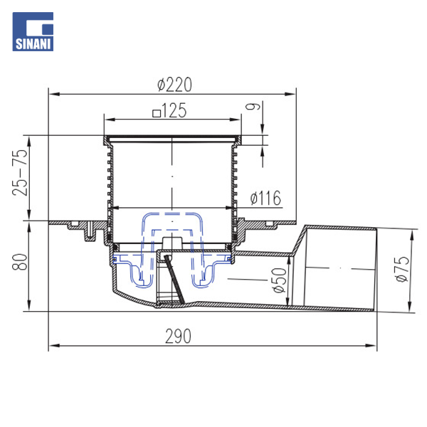 Piletë dyshemeje horizontale Ø50/75 me fllanxhë dhe grilë inoksi Gate