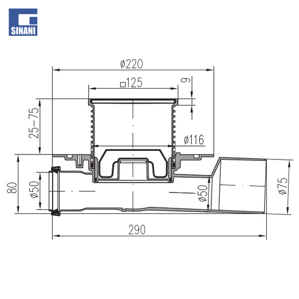 Piletë dyshemeje horizontale dhe grilë inoksi Ceramica me hyrje Ø50 dhe dalje Ø50/75