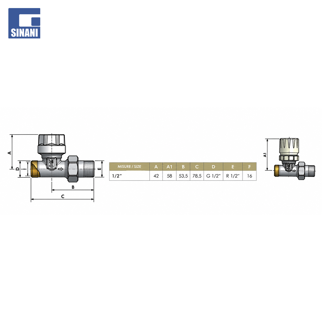 Rubinetë radiatori e drejtë M-M për kokë termostatike ½"x½"