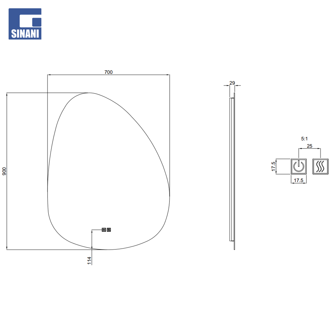Pasqyrë LED pikë ujë Shape, me tre ngjyra, anti-fog IP44