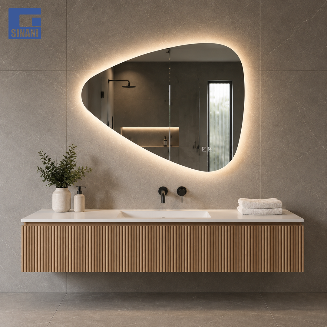 Pasqyrë LED pikë uji Shape 70x50cm, me tre ngjyra, anti-fog IP44