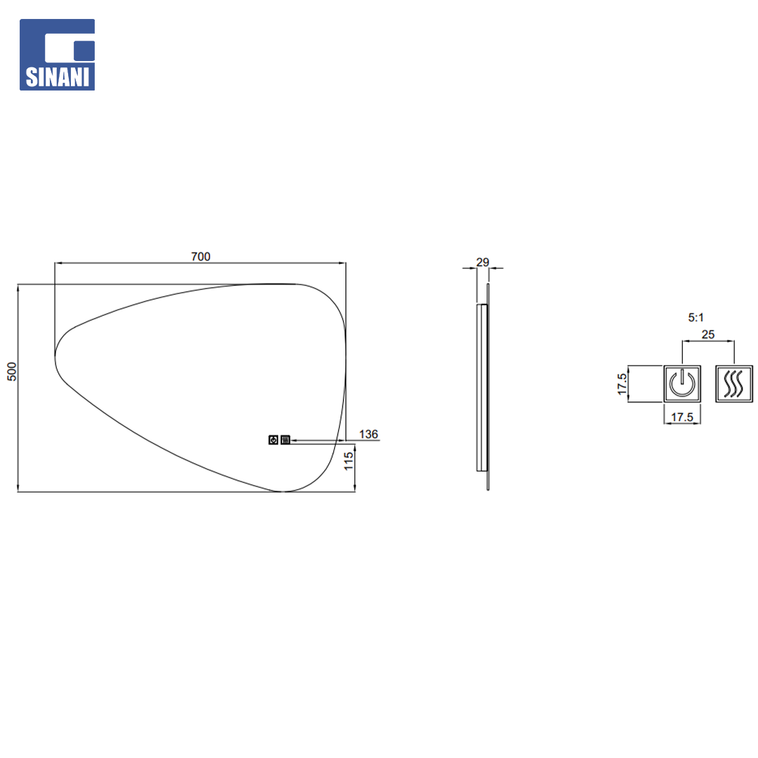 Pasqyrë LED pikë uji Shape 70x50cm, me tre ngjyra, anti-fog IP44
