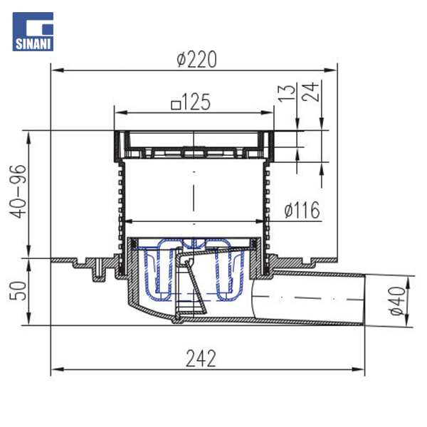 Piletë dyshemeje 125x125 mm horizontale Ø40 me kornizë dhe grilë inoksi Steel