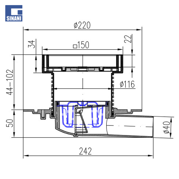 Piletë dyshemeje 150x150 mm horizontale Ø40 me kornizë dhe grilë inoksi Steel